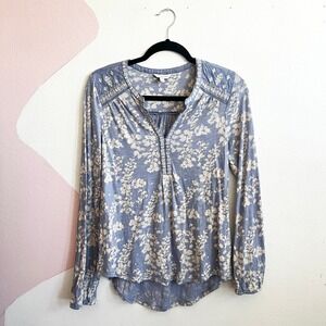 Lucky Brand Boho Embroidered Peasant Top Blue Long Sleeve Cotton Casual Small